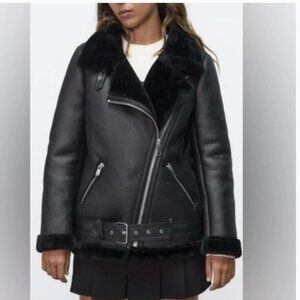Zara Black Leather Shearling Moto Jacket, Small, Like New